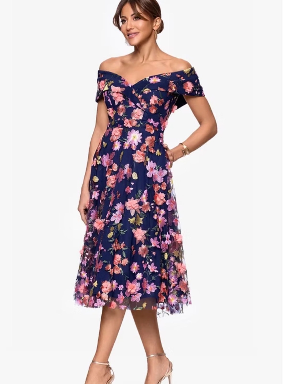 Xscape Navy Off-Shoulder Floral Midi Dress